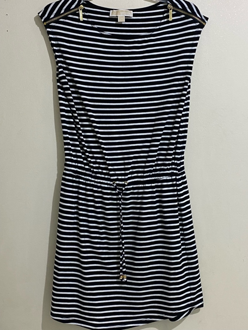 Michael Kors Black and White Striped Drawstring Casual Dress XS